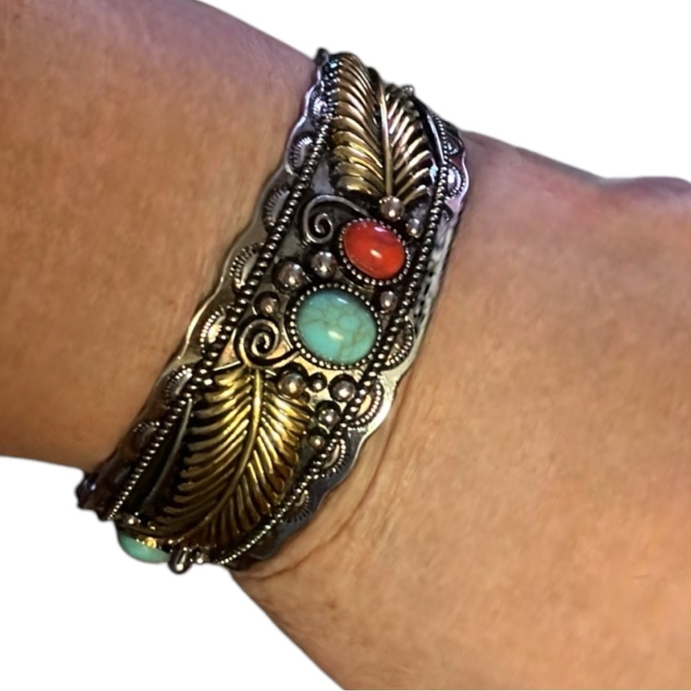 New Native American Tribal Silver Gold Color Turquoise Gemstone Bracelet Cuff